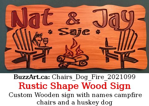Custom Wooden sign with names, campfire, chairs, and a huskey dog
